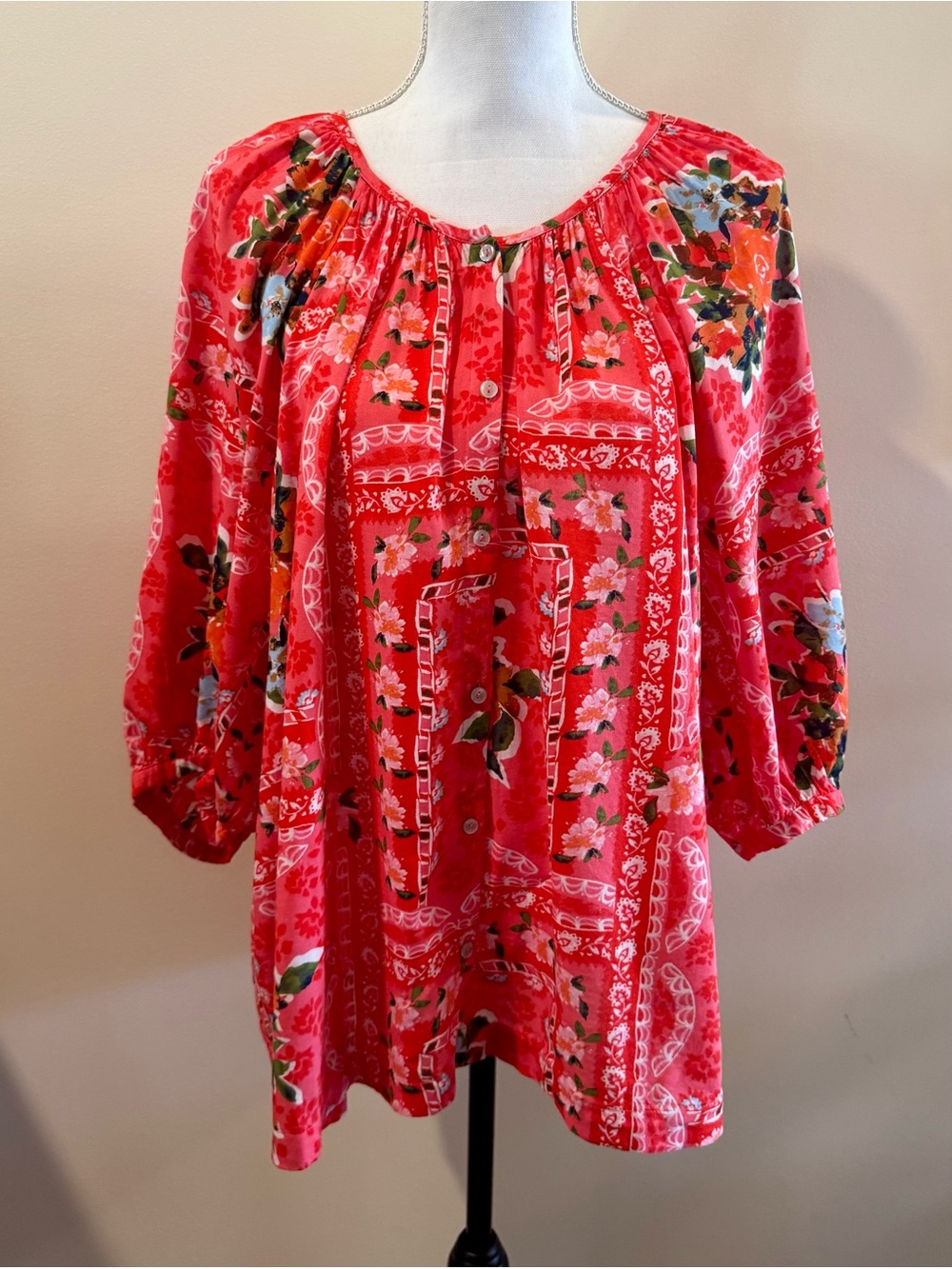 LC Lauren Conrad Red Floral Print Peasant Blouse